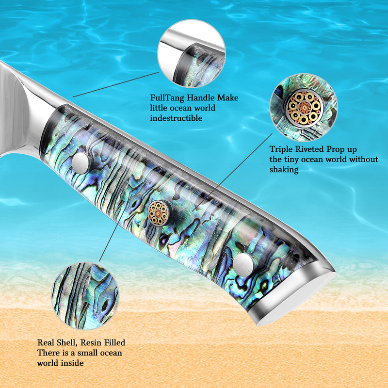 Decorative knife with shell inlay on a beach and ocean background