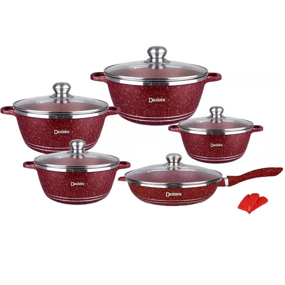 Set of red cookware with silver handles and lids on a white background