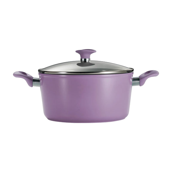 Purple cookware with a lid on a white background