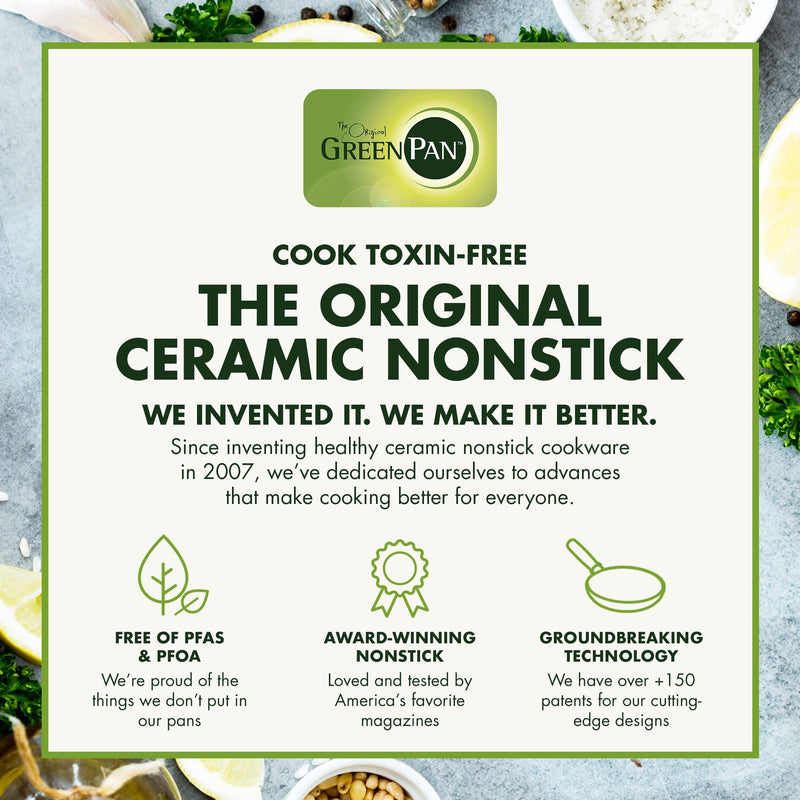 GreenPan advertisement with text about ceramic nonstick cookware on a gray background with food items.