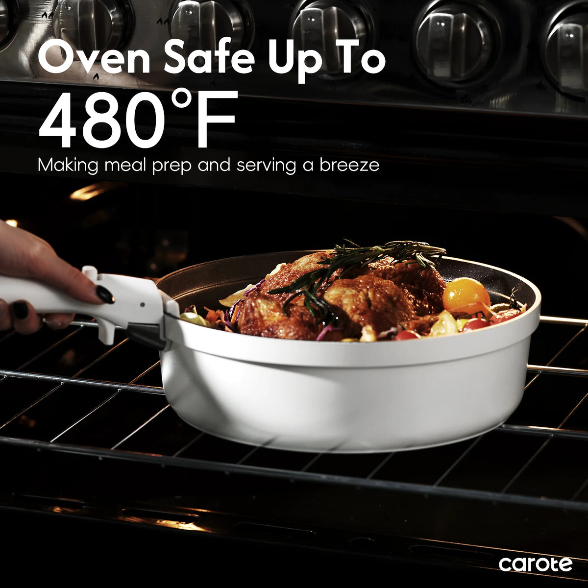 Frying pan with food being placed into an oven, with text indicating oven safety and brand 'carote'.