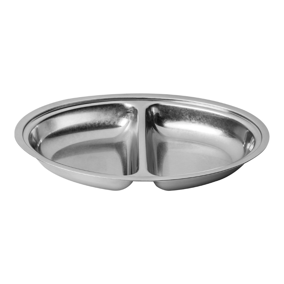 Stainless steel divided dish on a white background