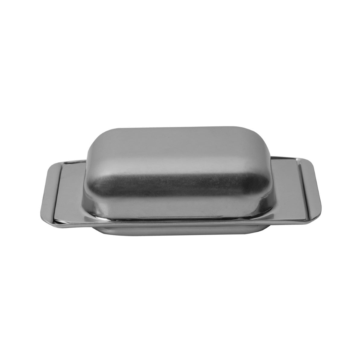 Stainless steel butter dish on a white background