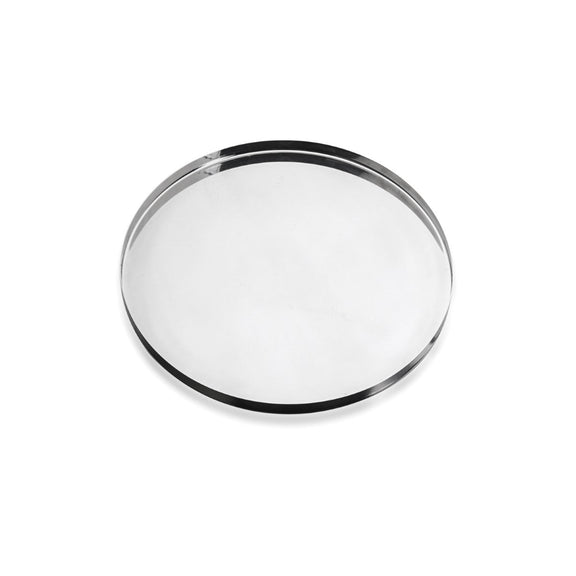Round glass cover with metal rim on a white background