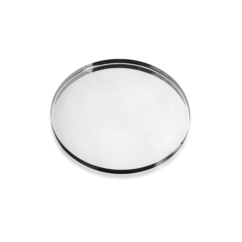 Round glass cover with metal rim on a white background