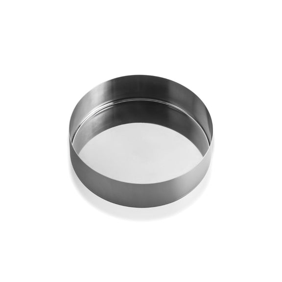 Metallic cylindrical container on a white background