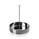 Stainless steel stand with circular base and central pole on a white background