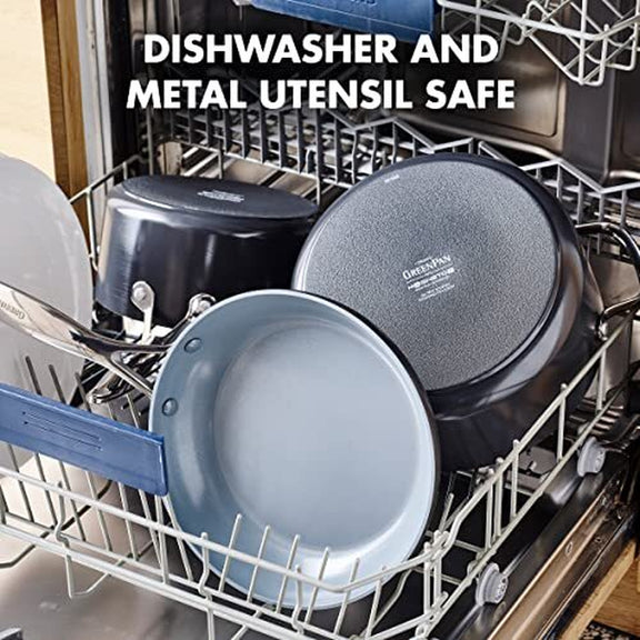 Dishwasher with greenpan pots and pans labeled as dishwasher and metal utensil safe.