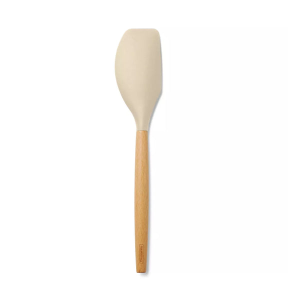 Beige silicone spatula with wooden handle on a white background