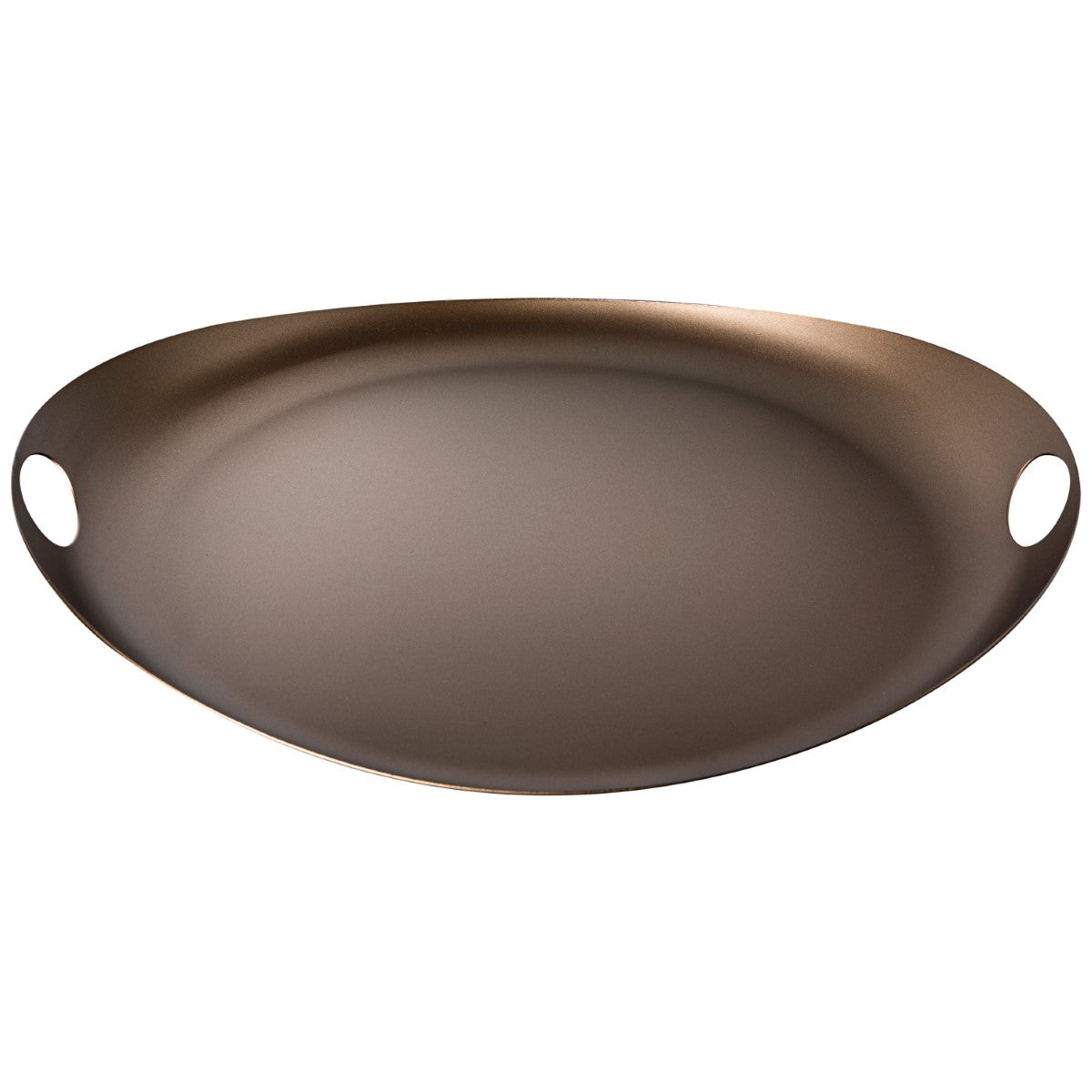 Bronze-colored oval tray with two handles on a white background