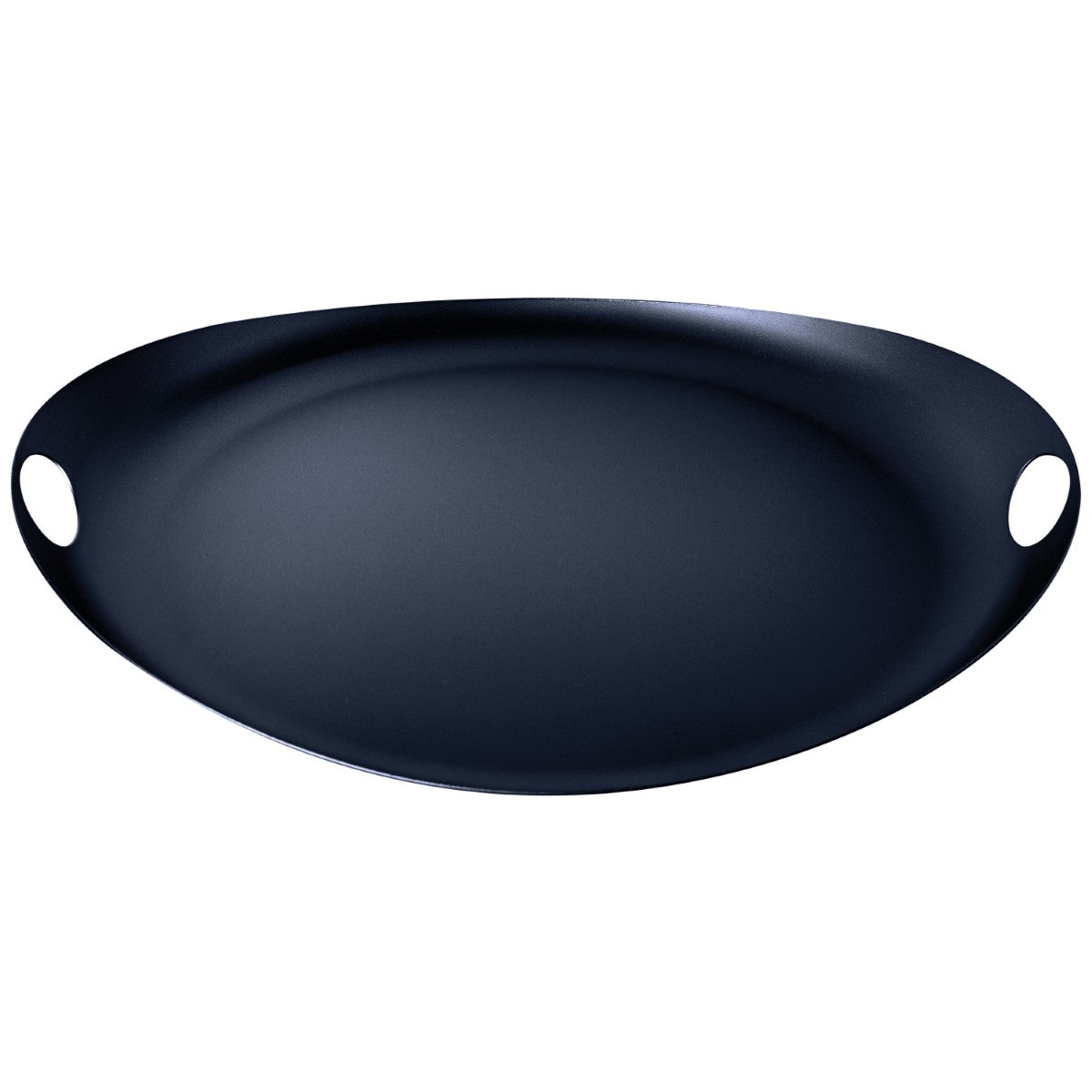 Black oval tray with two handles on a white background