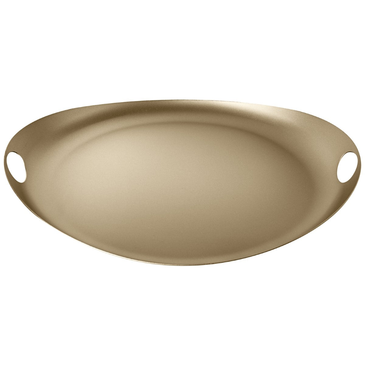 Gold oval tray with two handles on a white background