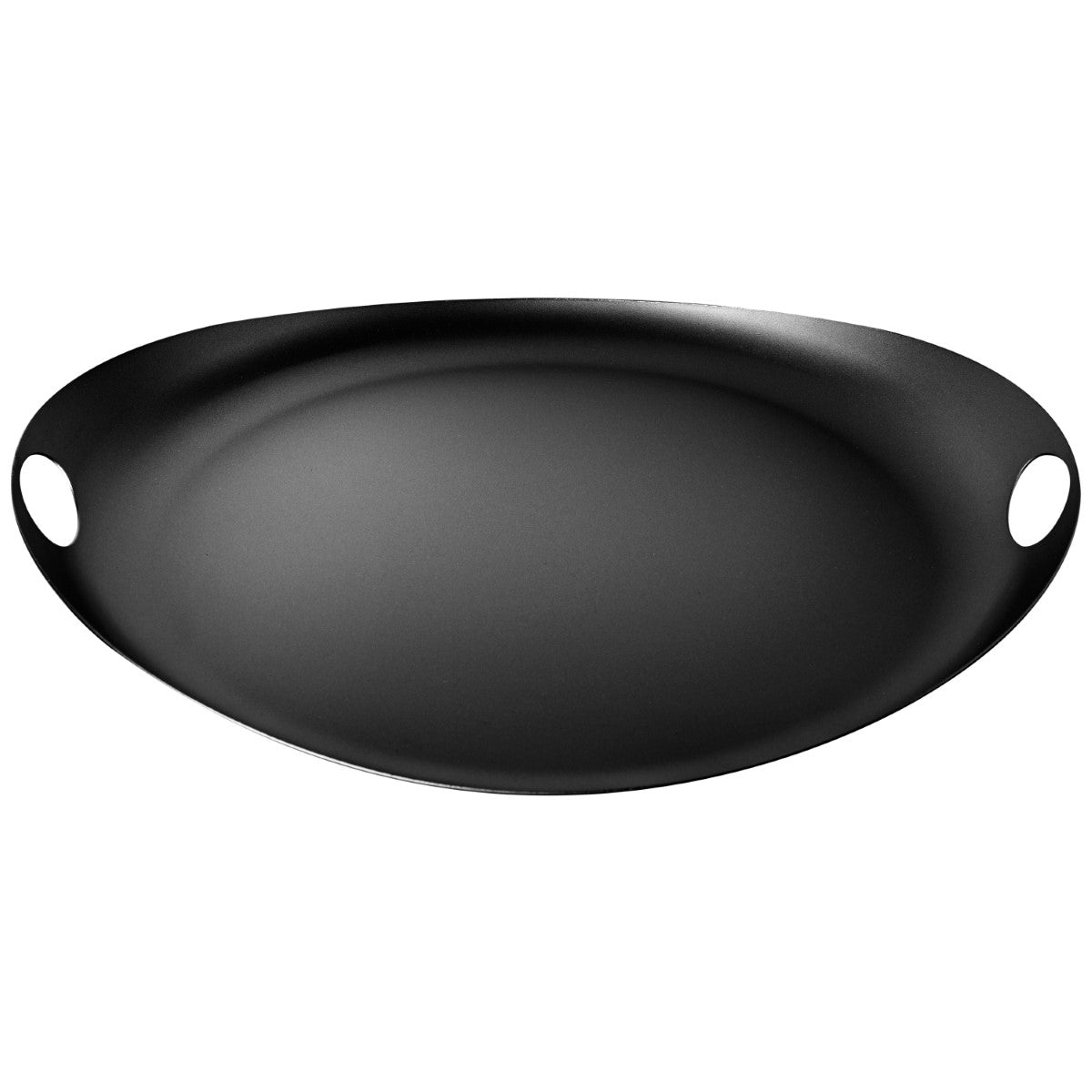 Black oval charger plate on a white background