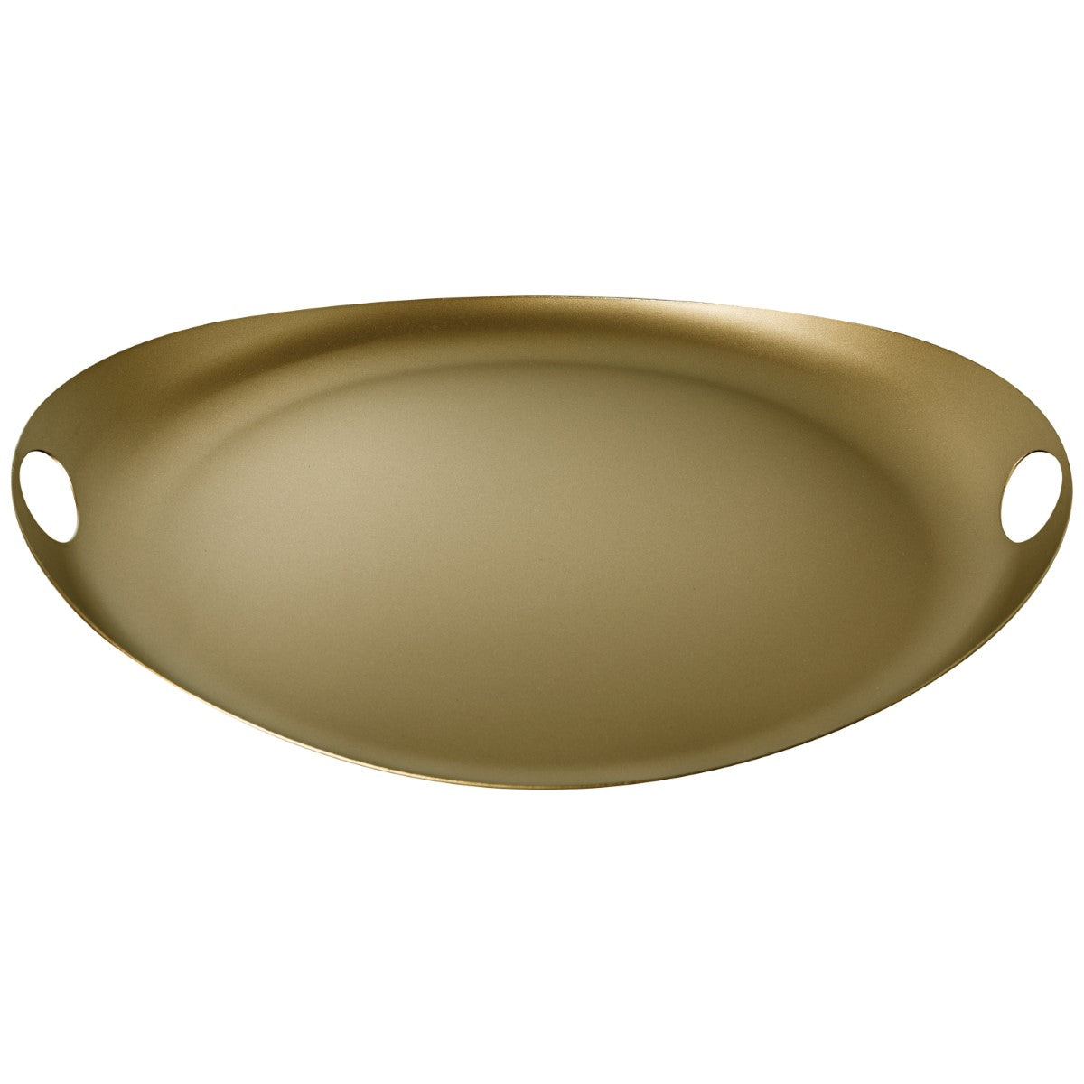 Gold oval tray with two handles on a white background
