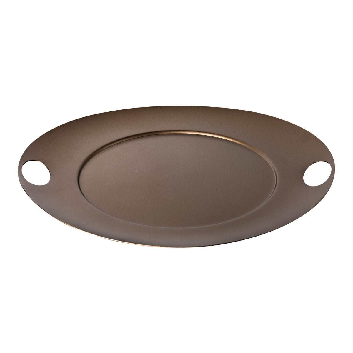 Round metal tray with two handles on a white background