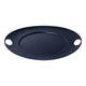 Navy blue oval platter with two handles on a white background