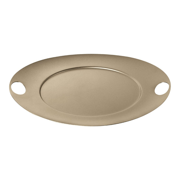 Beige oval platter with two handles on a white background