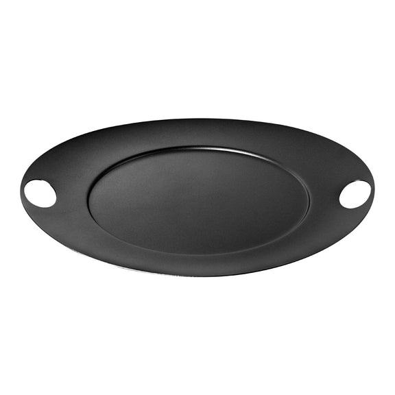 Black oval tray with two handles on a white background