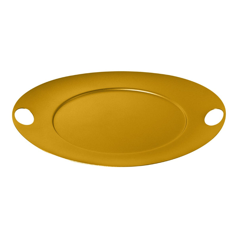 Yellow oval platter with two handles on a white background