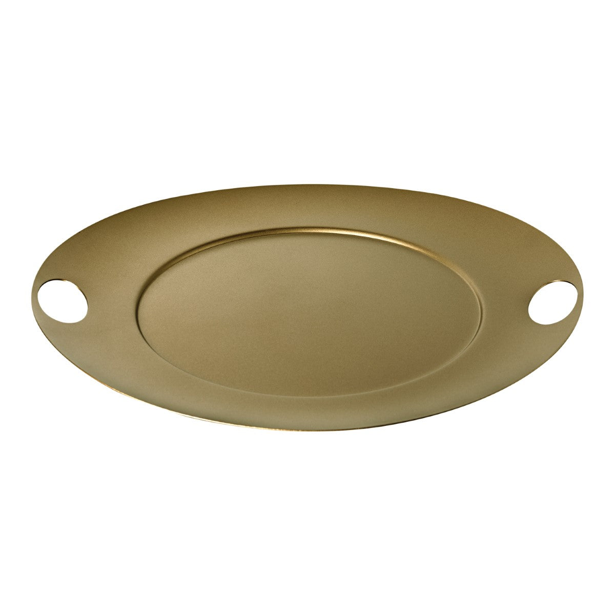 Gold oval tray with two handles on a white background