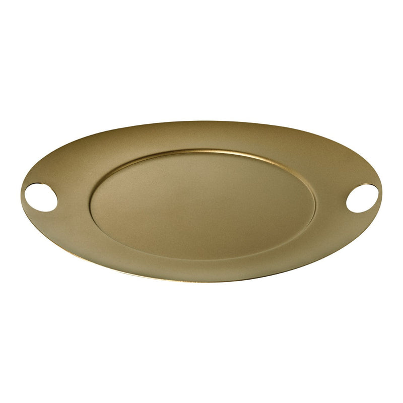 Gold oval tray with two handles on a white background