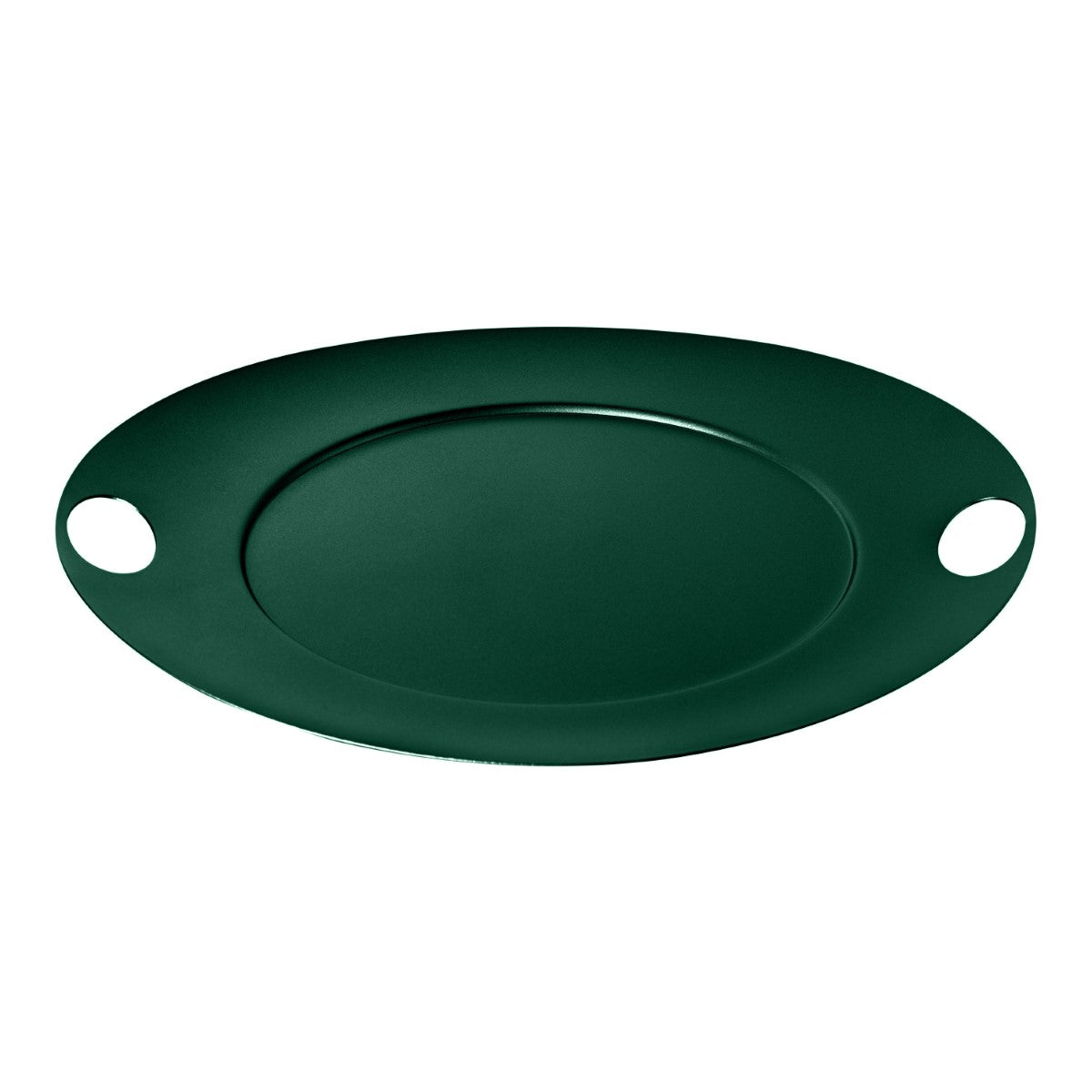 Green oval platter with two handles on a white background