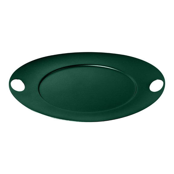 Green oval platter with two handles on a white background