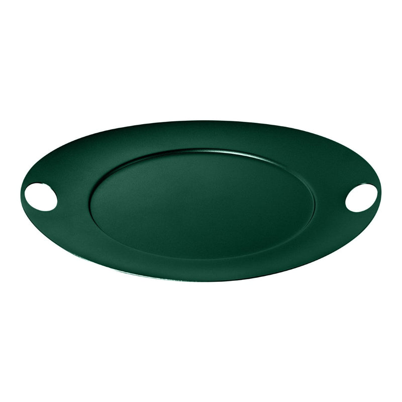 Green oval platter with two handles on a white background