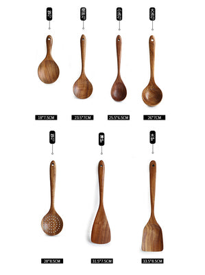 Teak Natural Wood Ladle Turner Colander Soup Skimmer Tool Set