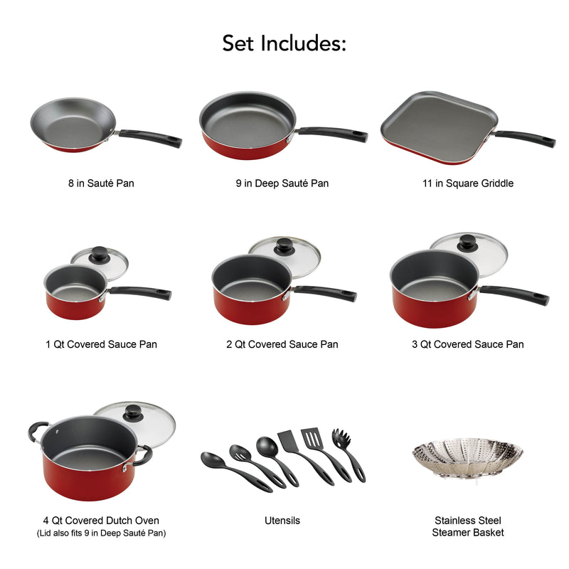 Display of red cookware set with pan and pots sizes on white background