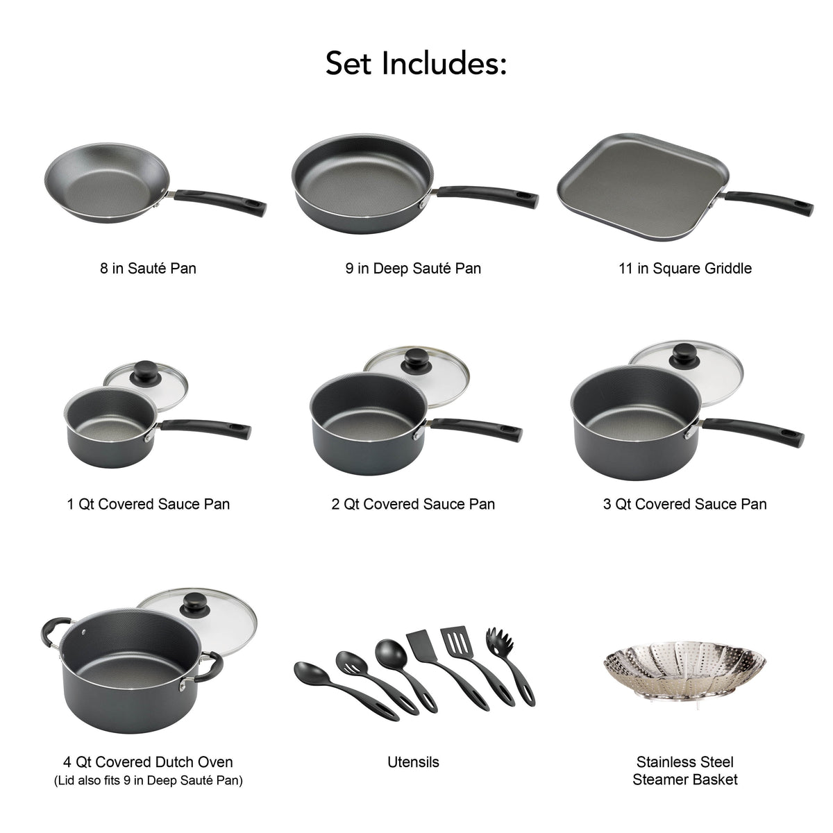 Tramontina  18 Piece Non-Stick Cookware Set, Steel Gray