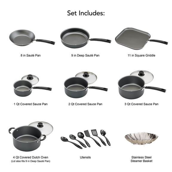 Tramontina  18 Piece Non-Stick Cookware Set, Steel Gray