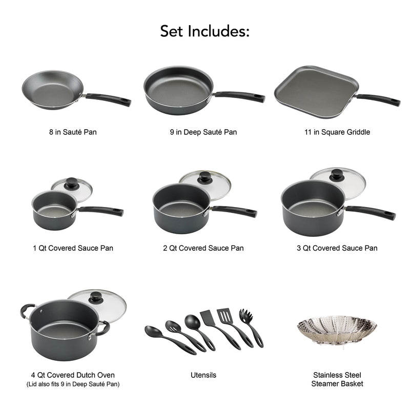 Tramontina  18 Piece Non-Stick Cookware Set, Steel Gray