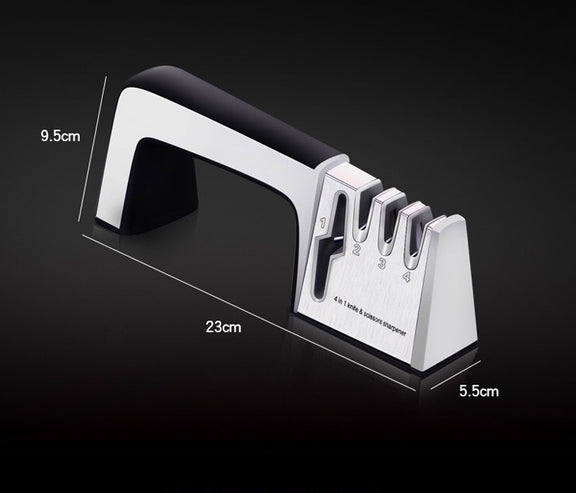 Knife sharpener with dimensions labeled on a black background