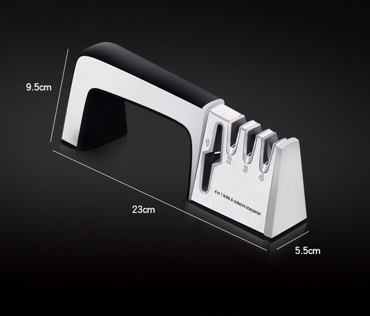 Knife sharpener with dimensions labeled on a black background
