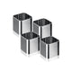 Set of four metallic square-shaped napkin rings on a white background