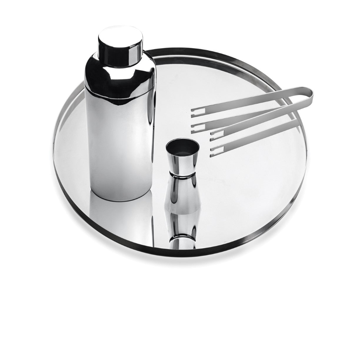 Set of chrome bar tools including a bottle, jigger, and tongs on a clear glass tray.