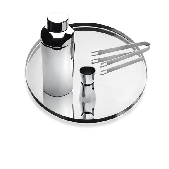 Set of chrome bar tools including a bottle, jigger, and tongs on a clear glass tray.