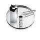 Set of chrome bar tools including a bottle, jigger, and tongs on a clear glass tray.