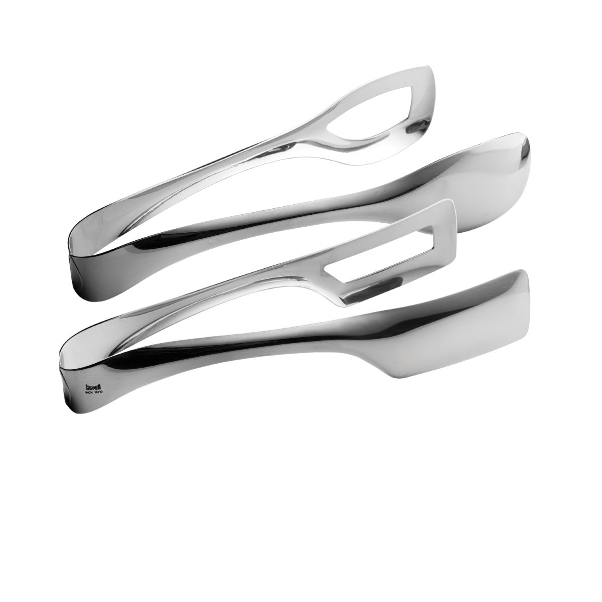 Set of three silver tongs on a white background