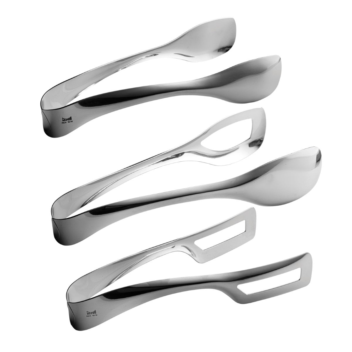Set of four silver tongs on a white background