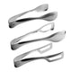 Set of four silver tongs on a white background