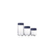 Three glass containers with navy blue lids on a white background