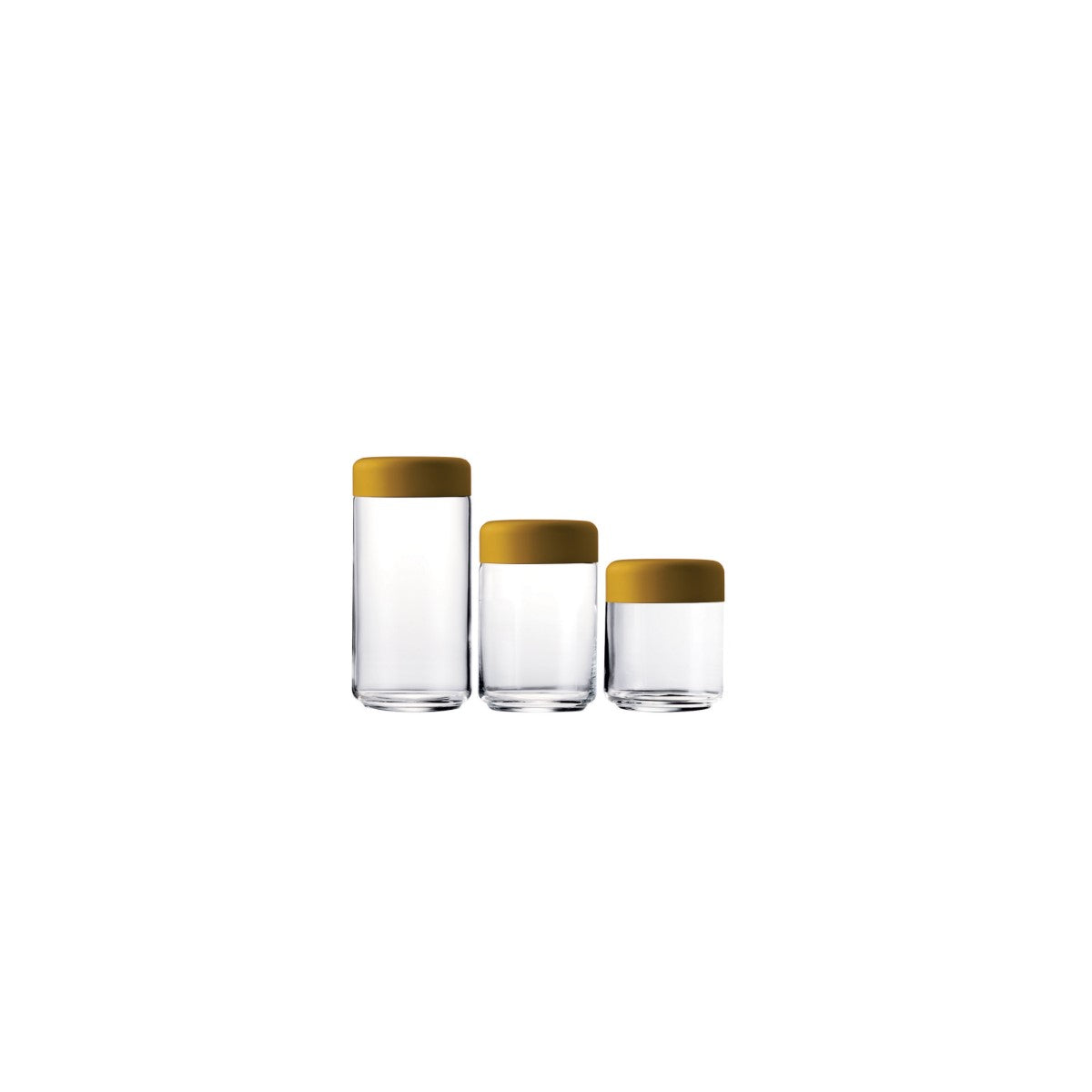 Set of three glass containers with gold lids on a white background