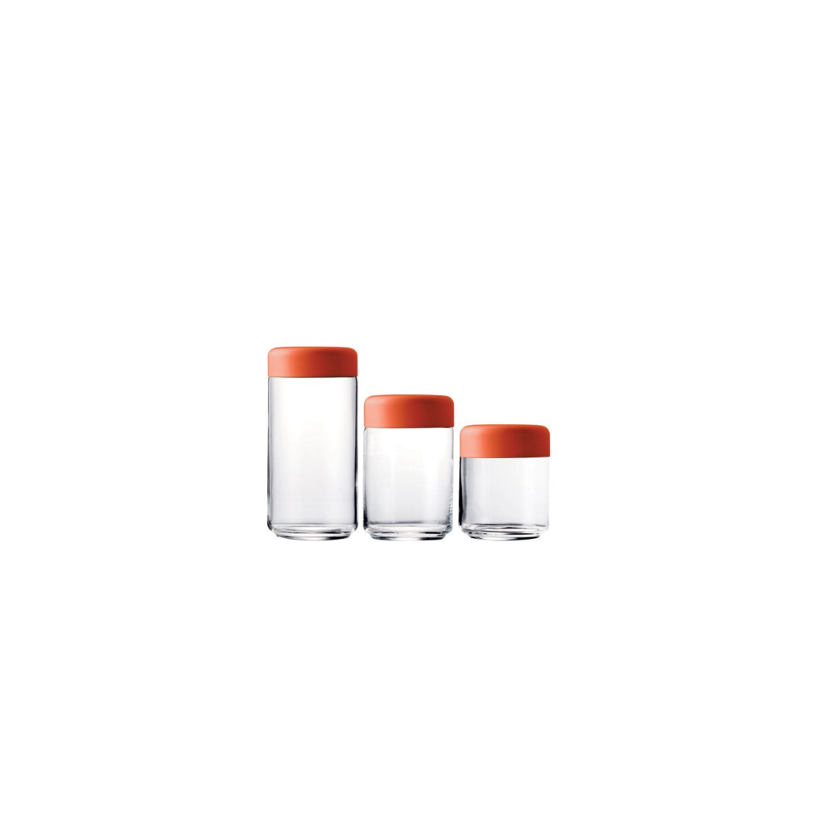 Set of three glass containers with orange lids on a white background