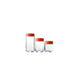 Set of three glass containers with orange lids on a white background