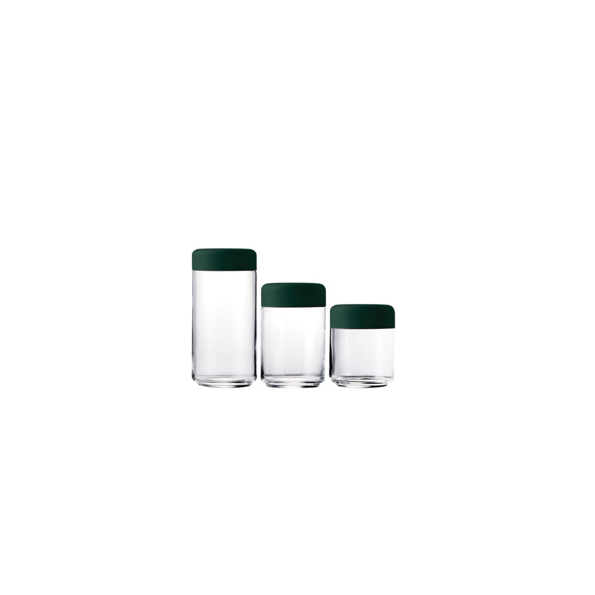 Three glass containers with green lids on a white background