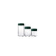 Three glass containers with green lids on a white background