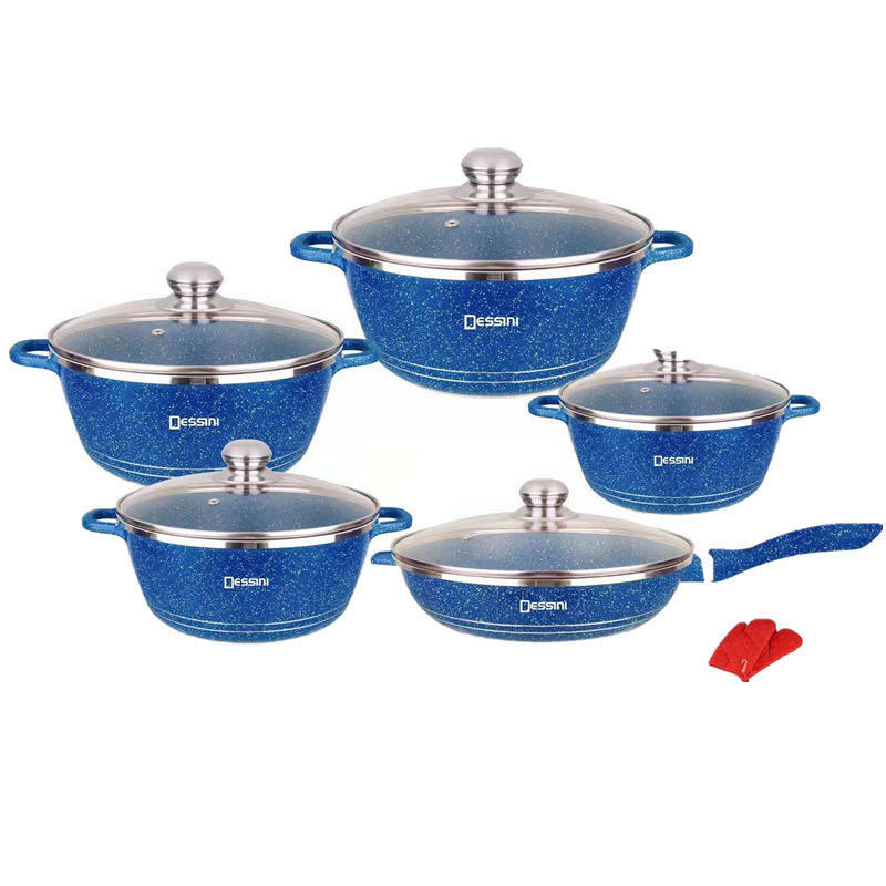 Set of blue cookware with silver lids on a white background