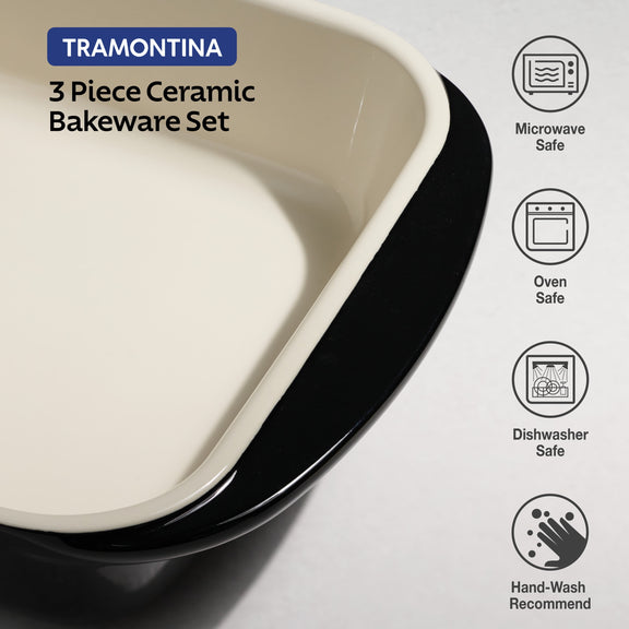 Tramontina 3-piece ceramic bakeware set with features on a light gray background.